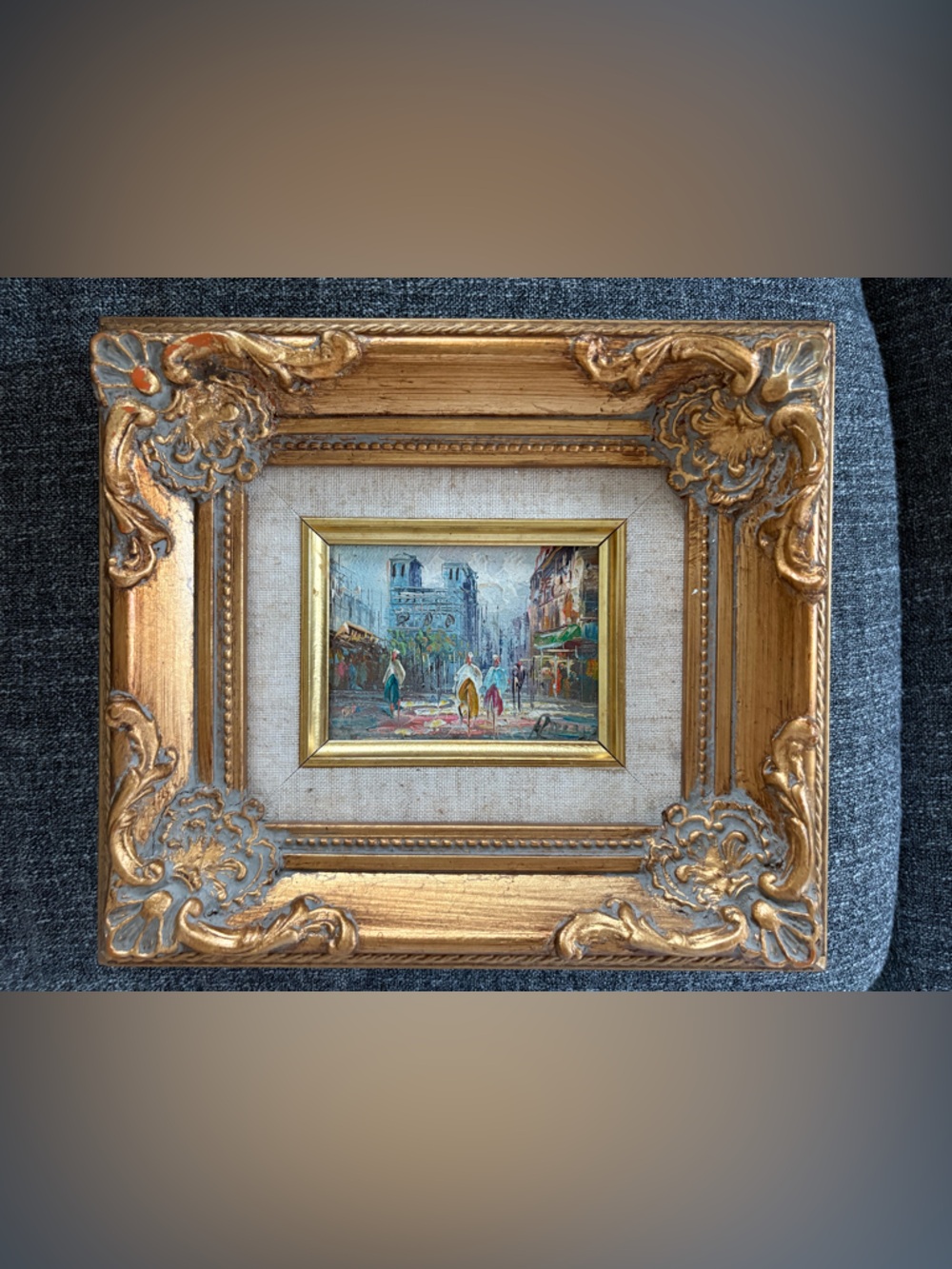 Vintage Ornate Gold Framed Miniature European Cityscape Painting